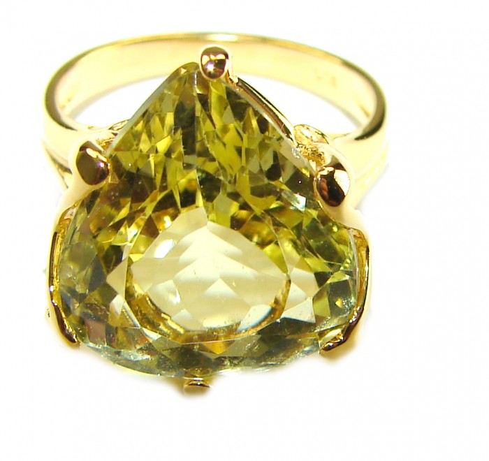 11.8 carat Genuine Trillion cut Lemon Quartz 14K Gold over .925 Sterling Silver handcrafted ring size 7 - photo 2