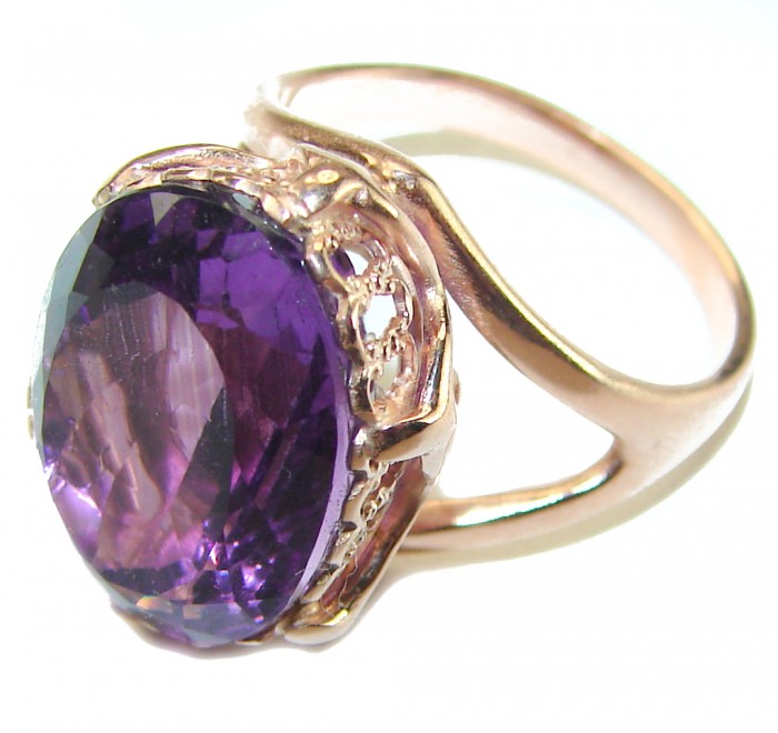 12.2 carat Amethyst 14K Rose Gold over .925 Sterling Silver Handcrafted Ring size 7 - Amethyst ring in 14K rose gold over silver, side view close-up.