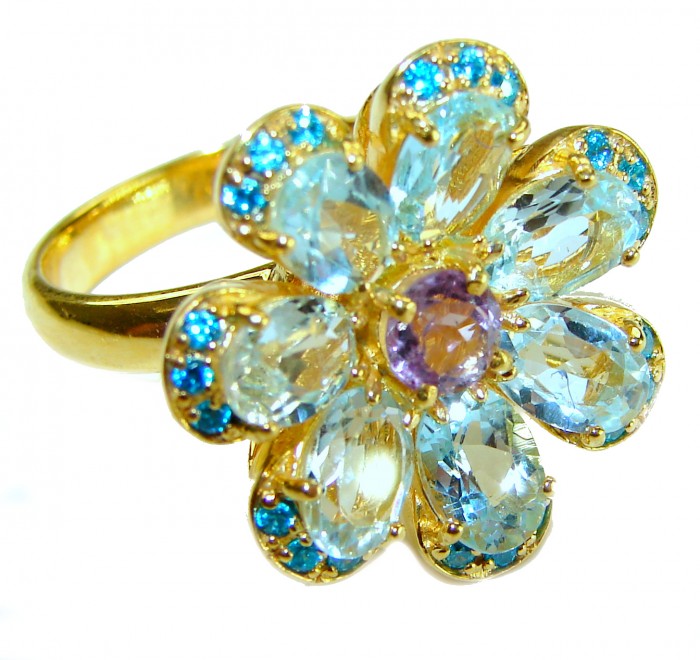 Blue Flower 12.8 carat Swiss Blue Topaz 14K Gold over .925 Sterling Silver handcrafted Large ring size 8 - Blue flower ring with Swiss blue topaz, top view. 14K gold over .925 silver.