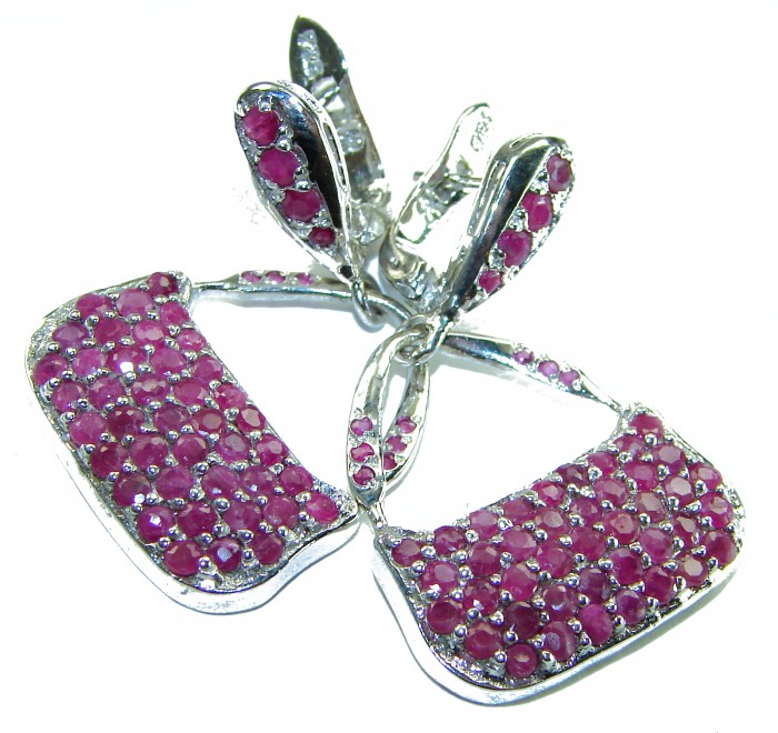 Luxurious red Bags authentic 14.8 carat Ruby .925 Sterling Silver handcrafted earrings - Ruby earrings with .925 sterling, front view close-up.