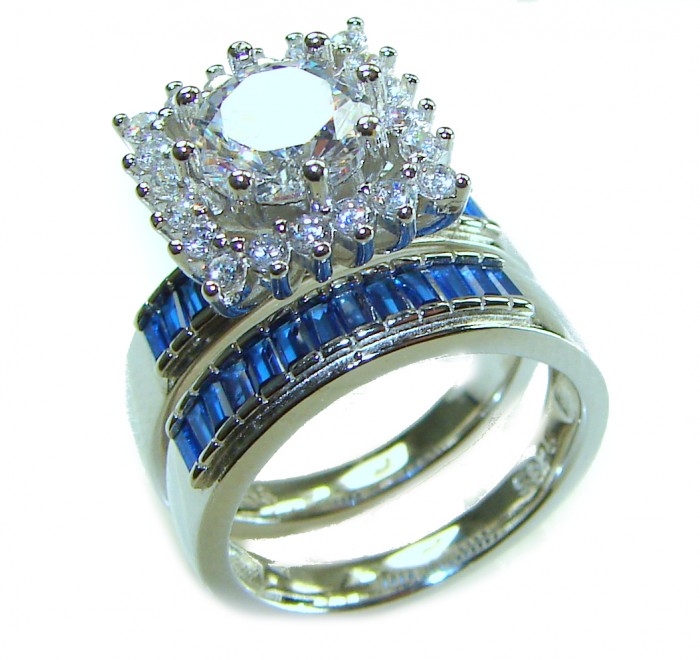 Extravaganza 5.6 carat Emerald .925 Sterling Silver brilliantly handcrafted stack up ring s. 6 - Silver ring with large gemstone, side view showing blue accents and diamonds.