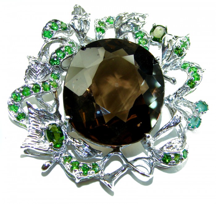 Authentic 55.5 carat carved Smoky Topaz Emerald .925 Sterling Silver handmade Statement Pendant - Close-up of Smoky Topaz and Emeralds in sterling silver setting.