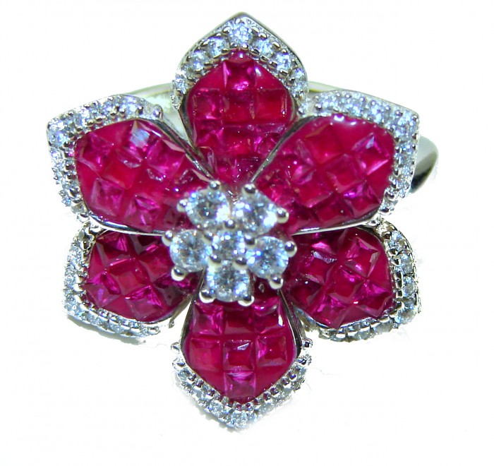 Luxurious Flower 12.5 carat natural Ruby .925 Sterling Silver handcrafted Ring size 7 - Close-up of flower ring with rubies and diamonds in sterling silver.