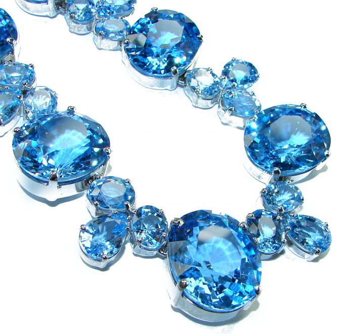 Pure Serenity 225.5 carat genuine Swiss Blue Topaz .925 Sterling Silver handmade Large Statement Necklace; 132.95 grams - Close-up of Pure Serenity Swiss Blue Topaz necklace stones.
