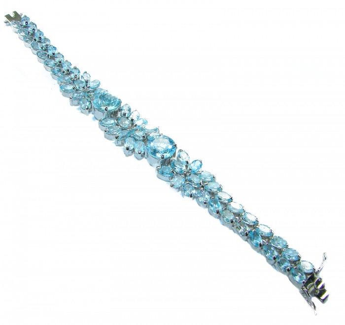 Pacifica 105.5 carat Swiss Blue Topaz .925 Sterling Silver handmade Statement Bracelet - Top view of Pacifica Swiss Blue Topaz bracelet in sterling silver.