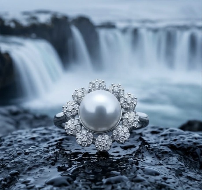 Authentic rare Pearl .925 Sterling Silver handcrafted ring; s. 7 3/4 - Pearl sterling silver ring close-up with waterfall background