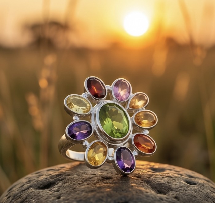 Flower 12.8 carat Authentic Topaz .925 Sterling Silver handcrafted Large ring size 8 1/4 - Close-up of flower-shaped ring with colorful stones at sunset.