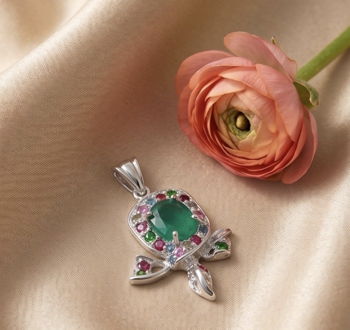 Stella - Very Unique authentic 4.9 carat Jade .925 Sterling Silver handcrafted pendant - Pendant with jade stone and floral accents on satin with peach ranunculus.