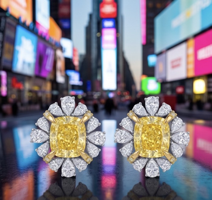Art Deco - Luxurious baguette cut 10.9 carat Yellow Sapphire 2 tones 22K Gold .925 Sterling Silver handcrafted earrings - Close-up of Art Deco 10.9 carat yellow sapphire earrings.