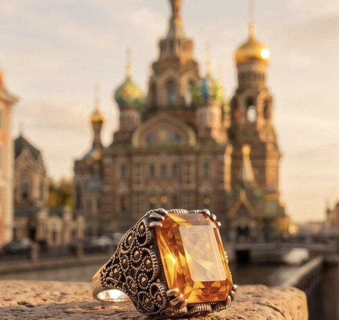 Serenity Natural 29.4 carat GOLDEN Topaz Marcasite .925 Sterling Silver handmade Large Statement Ring size 8 - Golden topaz ring with marcasite, close-up, ornate silver setting.