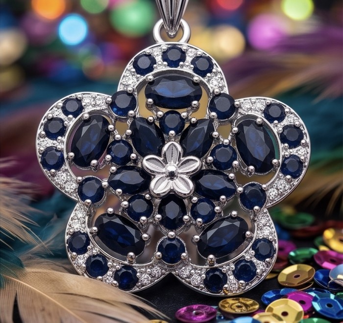 Julietta 12.5 carat genuine Sapphire .925 Sterling Silver dipped in rhodium handmade Pendant - Close-up of Julietta Sapphire pendant with sterling silver settings
