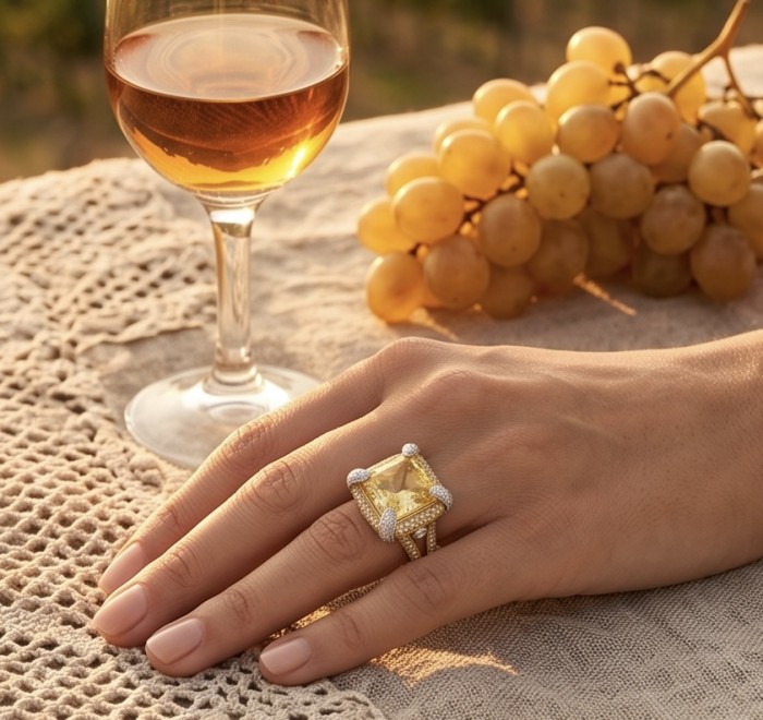 Wearable Art - Solid 27.2 carat Genuine Yellow Sapphire .925 Sterling Silver handcrafted ring size 8 - Yellow sapphire ring, worn on hand, wine and grapes background.