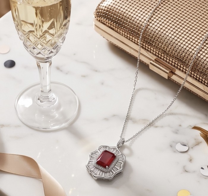 Art deco - Natural 0.4 carat Mozambique Ruby .925 Sterling Silver Handcrafted Pendant - Ruby necklace with crystal glass and clutch on marble surface