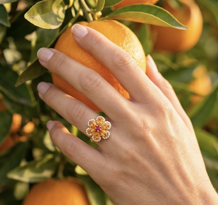 Flower 4.2 carat Brazilian Citrine 18K Gold over .925 Sterling Silver handcrafted ring; s. 6 1/4 - Flower citrine ring, 18K gold over .925 silver, worn on hand near oranges.