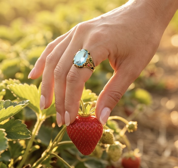 Nirvana Natural Fancy Rose cut 22.8 carat Swiss Blue Topaz .925 Sterling Silver dipped in 22K Gold handmade Statement Ring size 7 1/4 - Worn on hand, blue topaz ring with strawberry in a garden setting.
