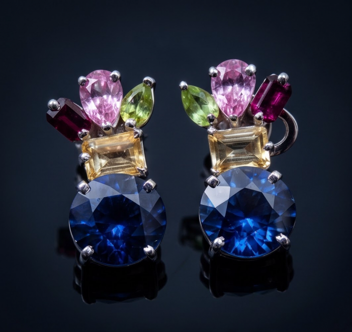 Blue Magic 15.5 carat London Blue Topaz .925 Sterling Silver handmade Statement earrings - Colorful gemstone earrings with blue topaz, front view.