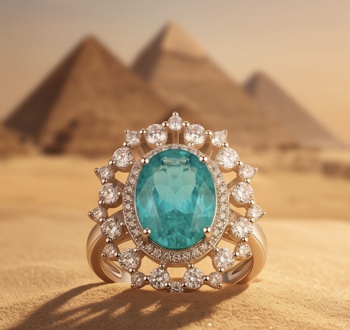 Elizabeth 14.2 carat Colombian Emerald .925 Sterling Silver dipped in Rhodium handcrafted Ring size 8 - Emerald ring close-up against pyramids, Elizabeth 14.2 carat, .925 silver.