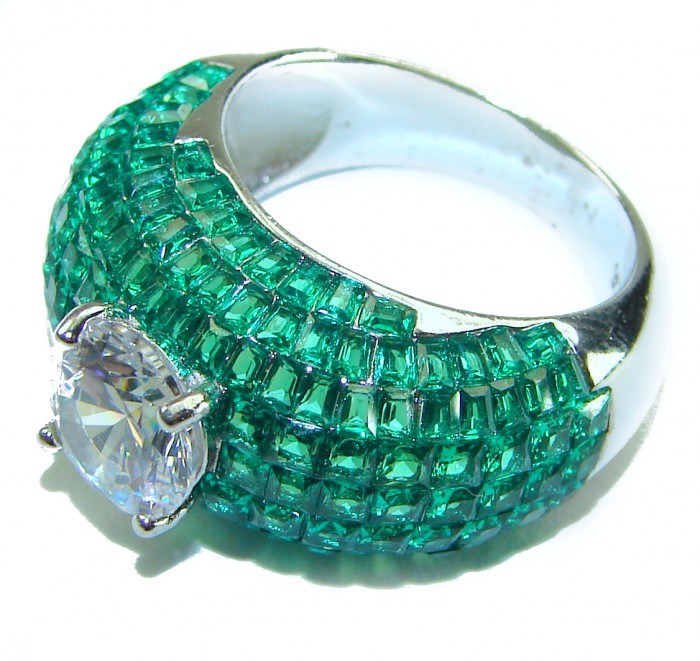 Endlessly Enchanting - White Topaz & Authentic Emerald .925 Sterling Silver handmade Statement Ring size 7 - Close-up of ring with emerald inlay and white topaz centerpiece.
