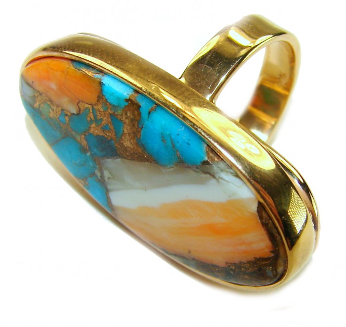 Blessed with Abundance 39.5 carat Oyster Turquoise 18K Gold over .925 Sterling Silver handcrafted Large ring; s. 8 adjustable - Side view of 39.5 carat Oyster Turquoise ring in 18K gold.