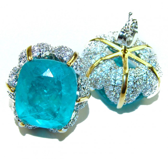 Wild Ocean baguette cut 27.5 carat Emerald 2 tones .925 Sterling Silver handmade Statement earrings - Close-up of Wild Ocean baguette cut 27.5 ct Emerald earrings.