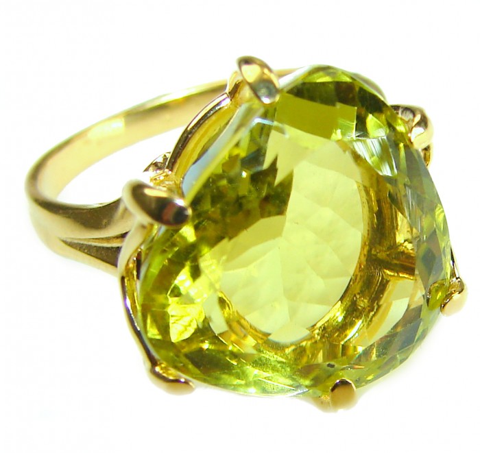10.8 carat Genuine Lemon Quartz 14K Gold over .925 Sterling Silver handcrafted ring size 9 - Close-up of a 10.8 carat lemon quartz ring in 14K gold over sterling.