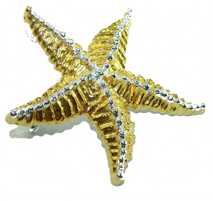 Large Italy made Starfish 18K Gold over .925 Sterling Silver handmade Pendant - Brooch - Starfish brooch, top view, 18K gold over sterling silver with silver accents.