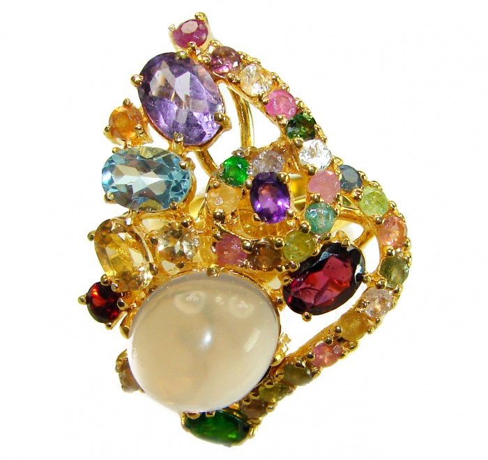 Marie Antoinette's STYLE authentic 22.5 carat Brazilian Rose Quartz 18K Rose Gold over .925 Sterling Silver handcrafted Statement ring; s. 7 - Close-up of colorful gemstone ring with ornate design in gold setting.