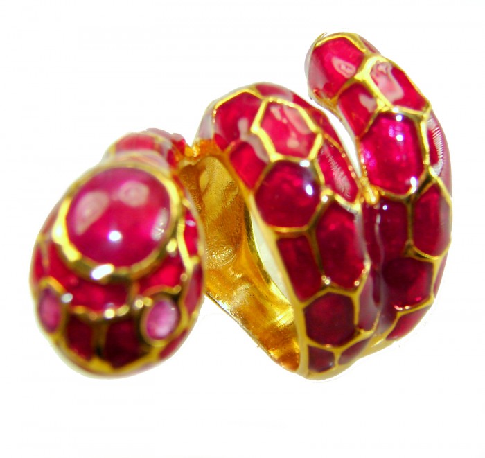 Red Snake Ruby Enamel 18K Gold over 3.5 carat Ruby .925 Sterling Silver Huge handcrafted Ring s. 6 - Red snake ring with ruby enamel, close-up view of details and stones.