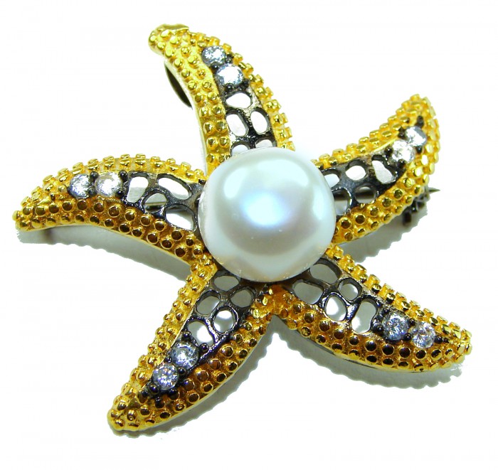 Genuine Mother of Pearl Ruby 14K Gold .925 Sterling Silver handmade Pendant Brooch - Starfish brooch with pearl center, top view, gold and silver detailing