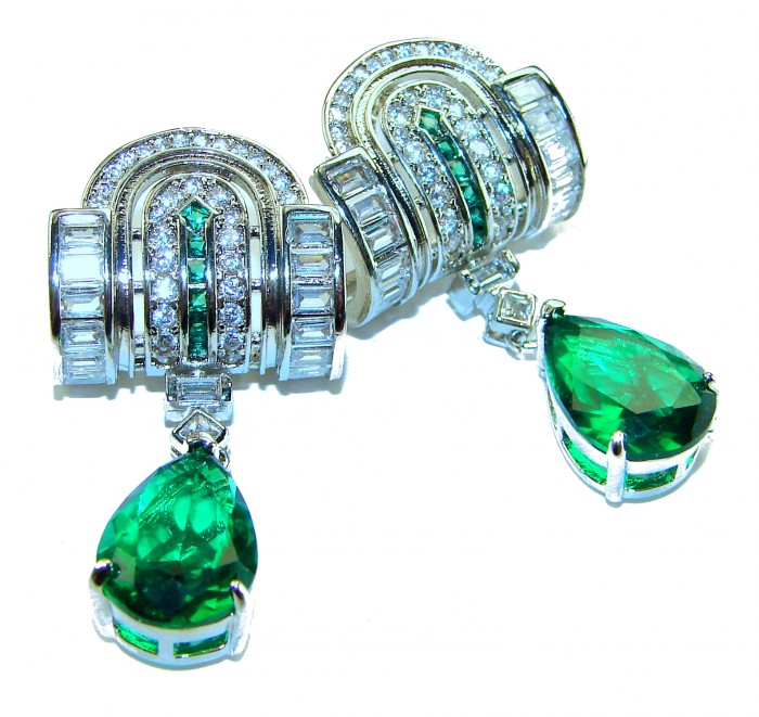 Art Deco - Very Unique 10.5 carat Colombian Emerald .925 Sterling Silver handcrafted earrings - Close-up of unique Art Deco emerald earrings with diamonds.
