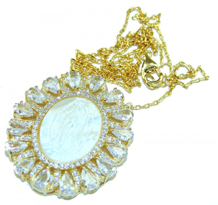 Virgin MARY Precious Blister Pearl 18K Gold over .925 Sterling Silver Necklace - Virgin Mary necklace; close-up of pendant and gold chain detail.