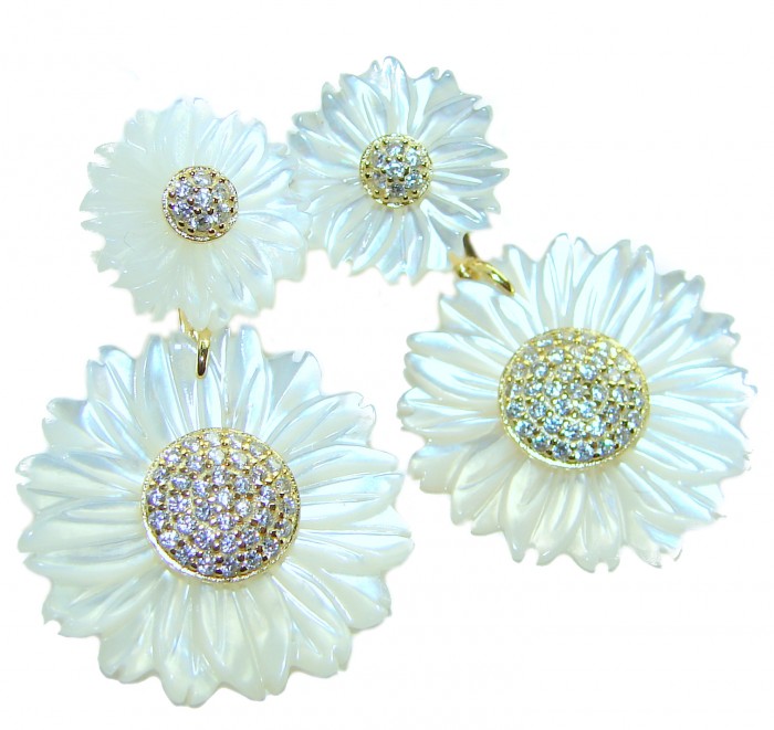 BLOOMING FLOWERS Genuine Blister Pearl 0.2 CARAT lab grown Diamond 18K Gold over .925 Sterling Silver handcrafted Statement Earrings - Close-up of flower-shaped pearl earrings with diamond centers.
