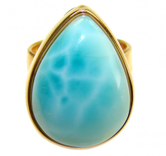 Large 22.9 carat Blue Perfection Blue Larimar .925 Sterling Silver handmade Large ring size 8 adjustable - Close-up of large blue Larimar stone ring in .925 sterling silver
