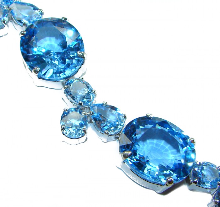 Pure Serenity 165.5 carat genuine Swiss Blue Topaz .925 Sterling Silver handmade Large Statement Bracelet - Close-up of Swiss Blue Topaz stones in silver setting.