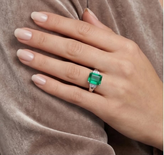 Precious 11.5 carat emerald cut EMERALD .925 Sterling Silver handcrafted ring; s. 8 - Emerald ring on hand, showcasing 11.5 carat stone in sterling silver.