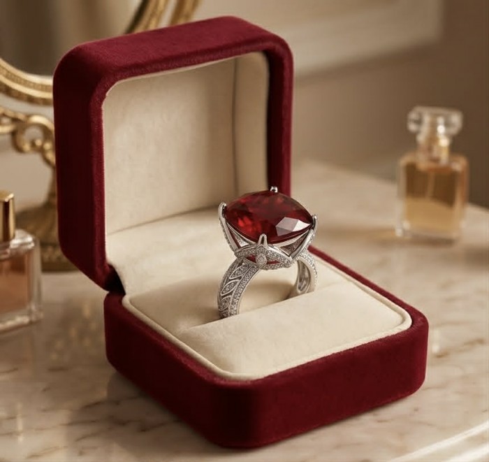 Red Power Authentic 10.4 carat Garnet .925 Sterling Silver brilliantly handcrafted Large Statement Ring size 7 adjustable - Garnet ring in red velvet box on marble surface, elegant side view.