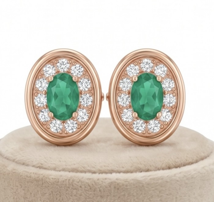 2.2 carat Australian Black Opal 14K Rose Gold over .925 Sterling Silver incredible handcrafted Earrings - Emerald and diamond earrings in rose gold, front view on display cushion.