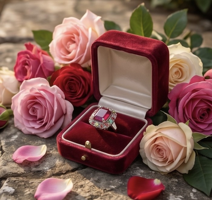 Rose Garden Natural 12.8 carat Ruby multicolor Sapphire .925 Sterling Silver dipped rhodium handmade Statement Ring size 7 1/4 - Ruby ring in box surrounded by roses, top view showing gemstone details.