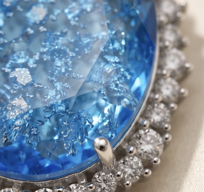 Angelina 10.9 carat authentic Swiss Blue Topaz .925 Sterling Silver Handcrafted handmade Pendant - Close-up of Swiss Blue Topaz with diamond accents in sterling setting.