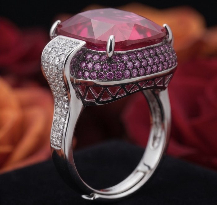 Art Deco 18.6 ctw Red Topaz 3.2 carat pave Ruby .925 Sterling Silver handcrafted Statement Ring size 8 adjustable - Side view of Art Deco ring with red topaz and pave ruby detailing.