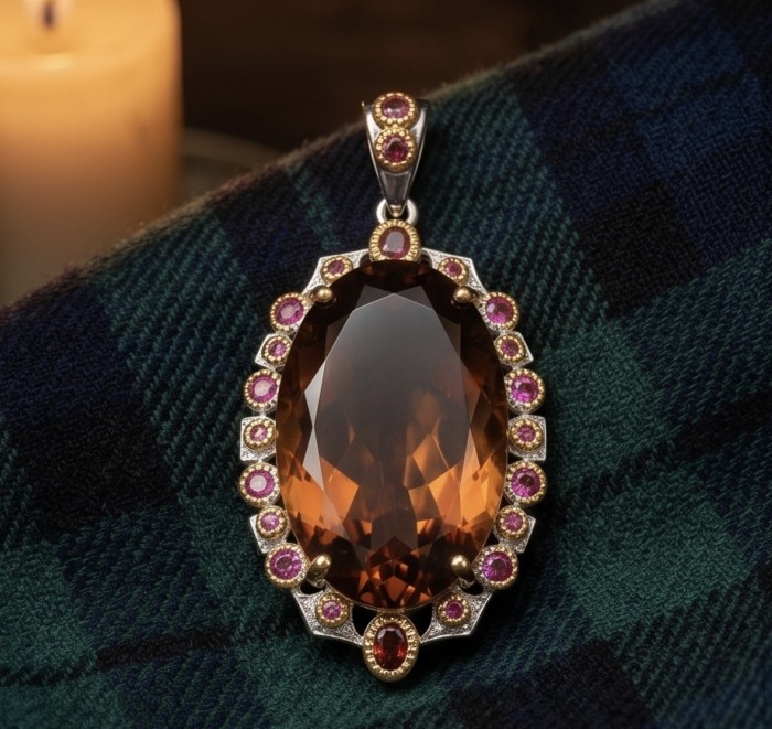 Scarlett Authentic 28.5 carat Smoky Topaz rhodium over 2 tones .925 Sterling Silver handmade Statement Pendant - Close-up of Scarlett pendant with smoky topaz and ruby accents.