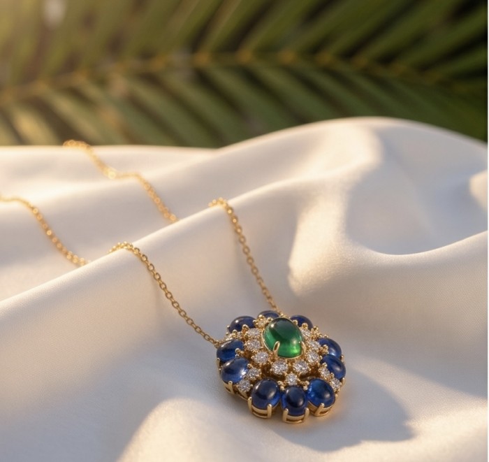 Colombian's Brilliance - emerald cut 4.7 carat Colombian Emerald 18K Gold over .925 Sterling Silver handcrafted necklace - Gold necklace with emerald and blue stones on white fabric, top view