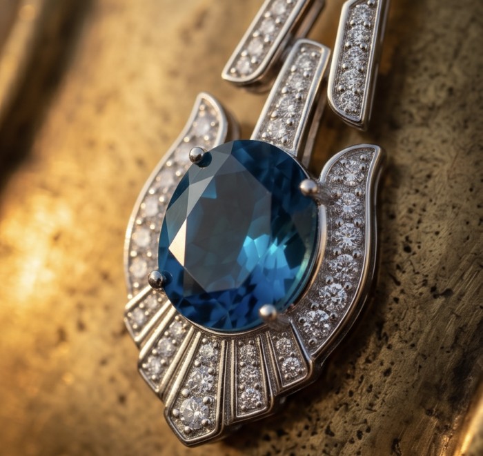 Art Deco 4.8 carat oval cut Swiss Blue Topaz rhodium over .925 Sterling Silver Handcrafted Statement earrings - Close-up of Art Deco Swiss Blue Topaz pendant with diamond accents