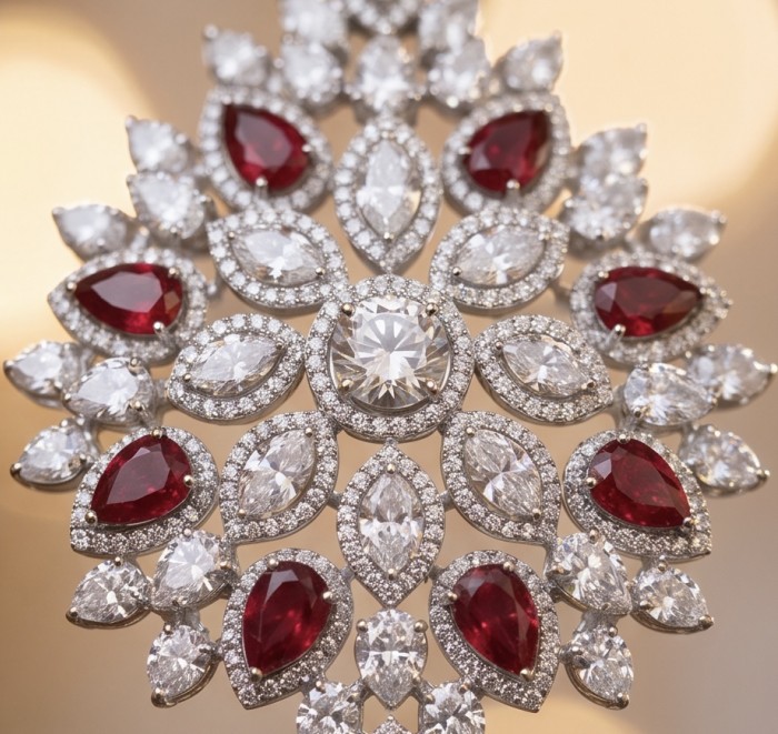 Isabella - Beauty of Nature- natural 32.5 carat Ruby Rhodium over .925 Sterling Silver handmade 28 INCHES Statement necklace - Close-up of Isabella jewelry with rubies and diamonds in floral pattern.