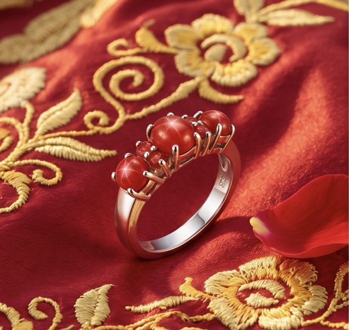 Born to Glam authentic 4.2 carat Ruby rhodium over .925 Silver handcrafted Ring s. 7 1/2 - Side view of ruby ring on embroidered red fabric background.