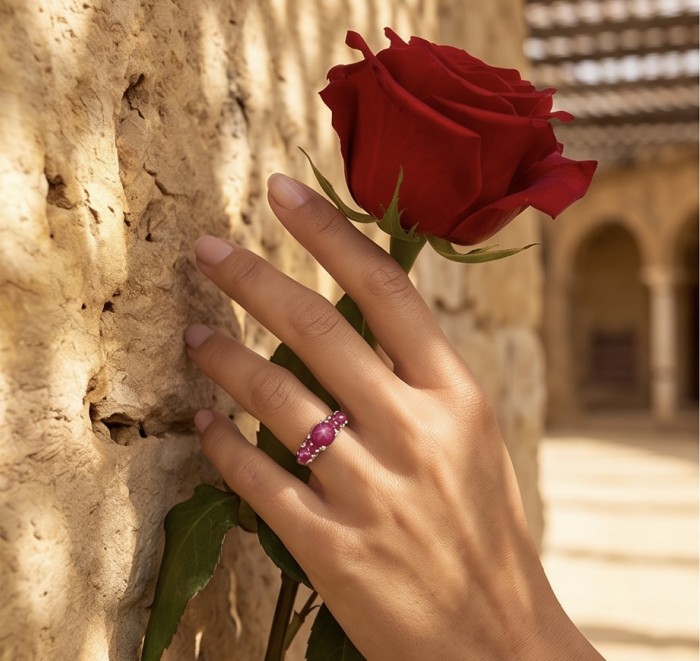 Born to Glam authentic 4.2 carat Ruby rhodium over .925 Silver handcrafted Ring s. 7 1/2 - Ruby ring worn on hand holding a red rose against a stone wall.