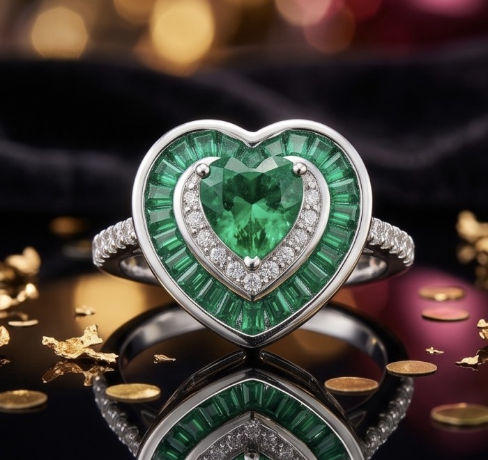 Art deco - My Sweet Heart Natural 4.8 carat Colombian Emerald .925 Sterling Silver Handcrafted Cocktail Ring s. 7 - Heart-shaped emerald ring, front view, with diamond accents.