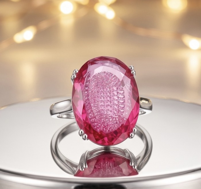 Angelina 12.9 carat authentic Pink Tourmaline .925 Sterling Silver Handcrafted Ring size 7 - Close-up of Angelina Pink Tourmaline ring on reflective surface