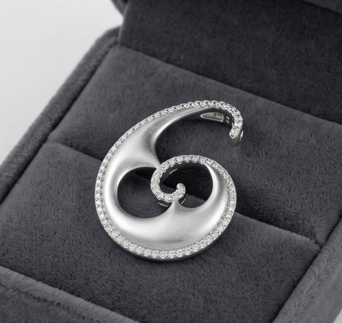 Waves 0.5 carat authentic White Topaz .925 Sterling Silver Handcrafted Pendant - Top view of Waves pendant with white topaz and sterling silver.