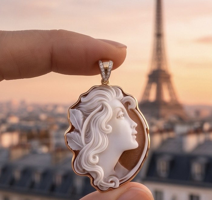 Dancing with the wind - vintage style Real Shell Cameo .925 Sterling Silver DIPPED IN RHODIUM handcrafted Made in Italy Statement pendant - Close-up of vintage shell cameo pendant against Eiffel Tower background